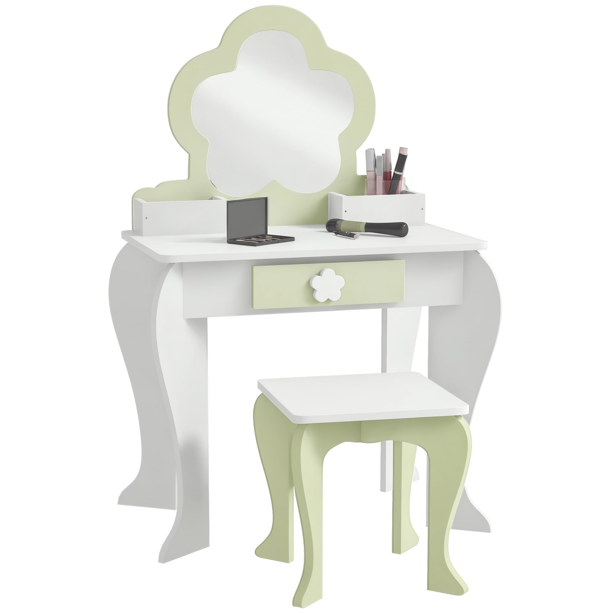 ZONEKIZ Tocador para Niñas con Espejo y Taburete Tocador de Maquillaje para Niñas de 3-6 Años con 2 Cajas y 1 Cajón 55x34x87,5 cm Blanco y Verde Pastel