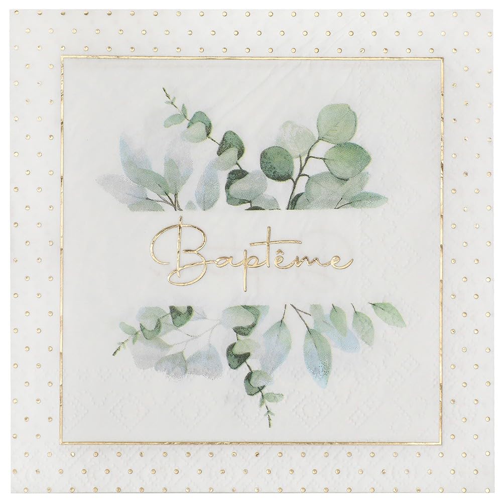 20 Serviettes Baptême Végétalisé SANTEX - 3 Pliés, 33x33cm - Motifs Dorés Et Végétaux