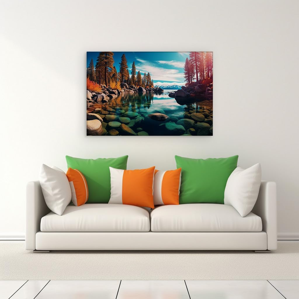 Canvas for Living room. Autumn's Embrace by the Sapphire Lake - A Symphony of Nature�s Palette, 27 x 18 inch Canvas Wall Art - Contemporary Masterpieces - Modern Home Decor - 69x46 cm (27x18 inch)