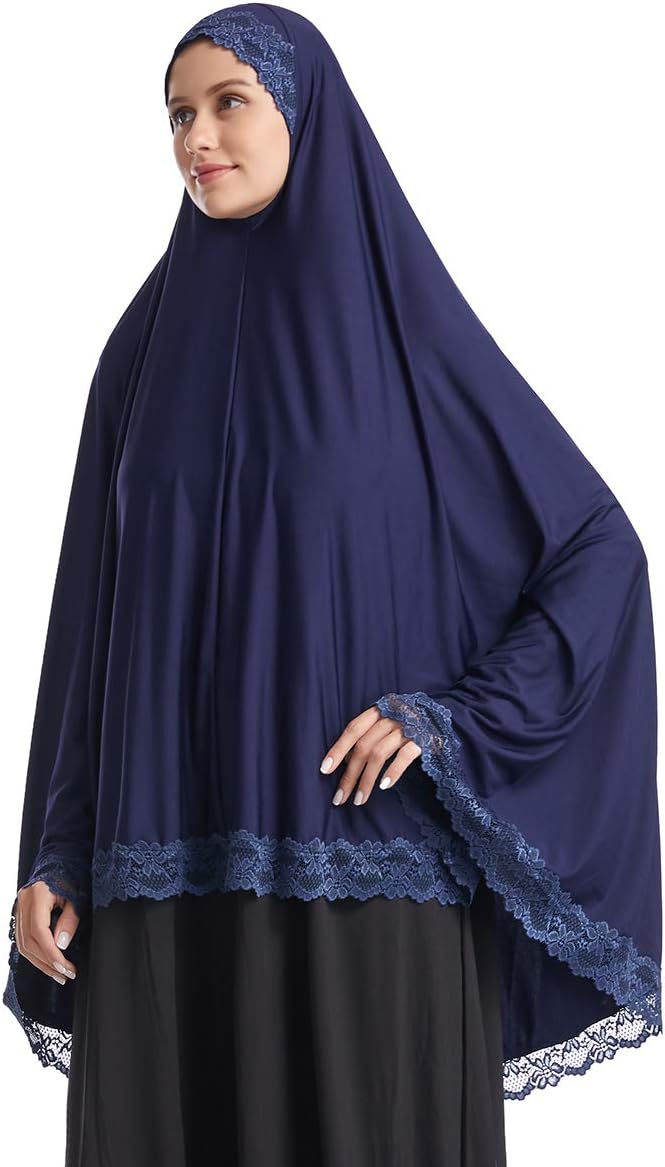 Muslim High Stretch Hijab Pure Color Half-body Cover Hijab with Lace for Praying - Image 2