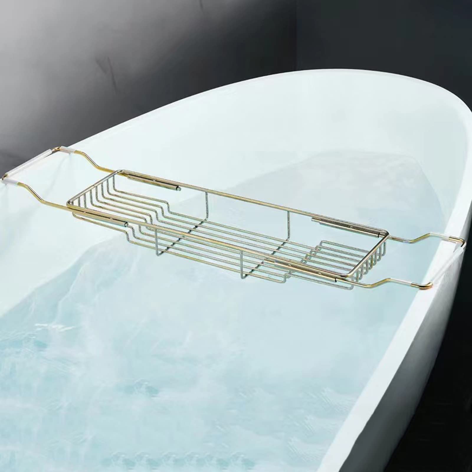 MYUYEE Premium Stainless Steel Expandable Bathtub Caddy Tray With Non Slip Grip Shower Organizer For Bath Tub Fits Most Tubs Chrome Coated Bathtub Racks (Gold-1)