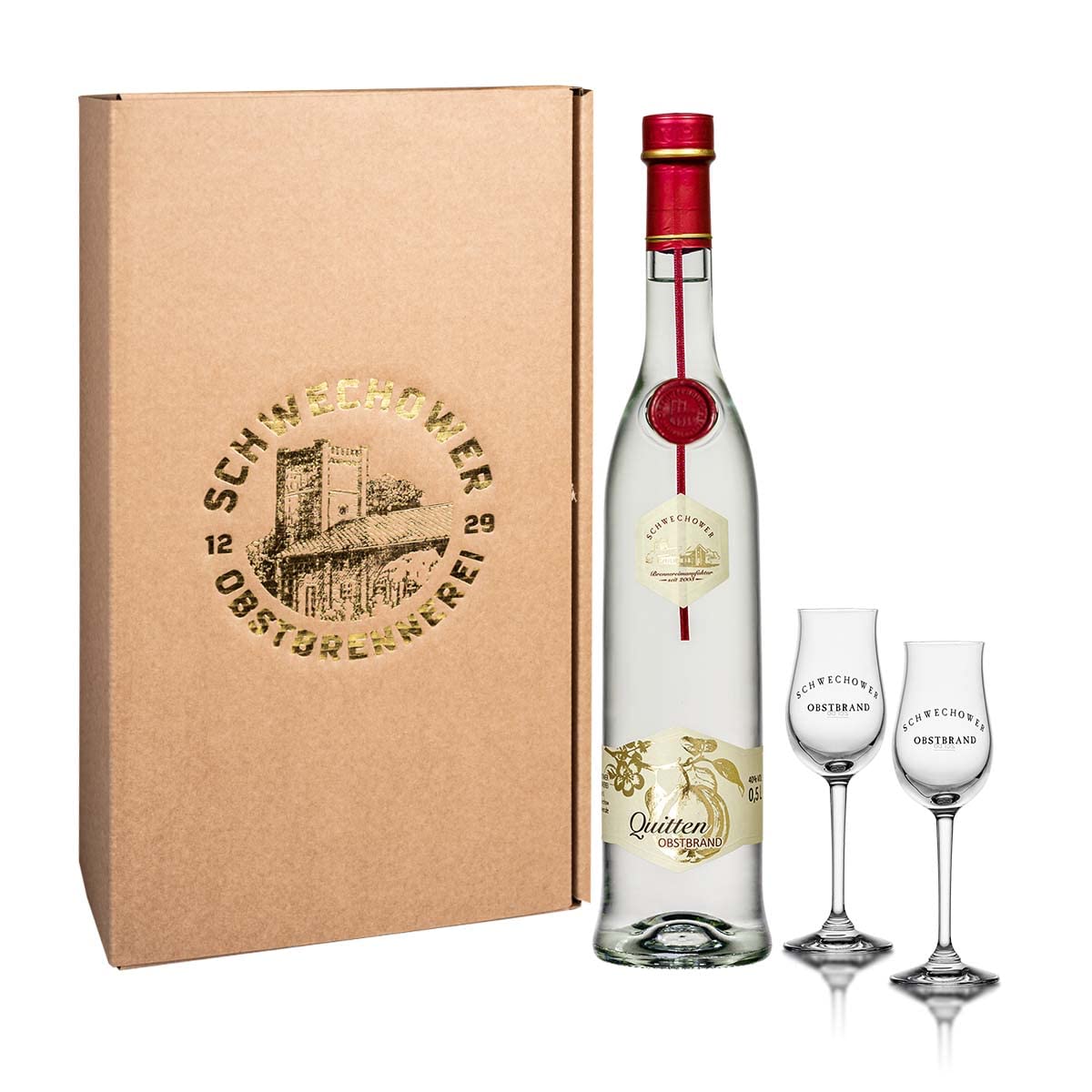 Obstbrand Quitte 0,5l + 2 Obstbrandgläser Geschenkkarton (40% Vol) | Quittenbrand Geschenkset mit Gläsern Präsent 500ml | Schwechower Brennerei (1229)