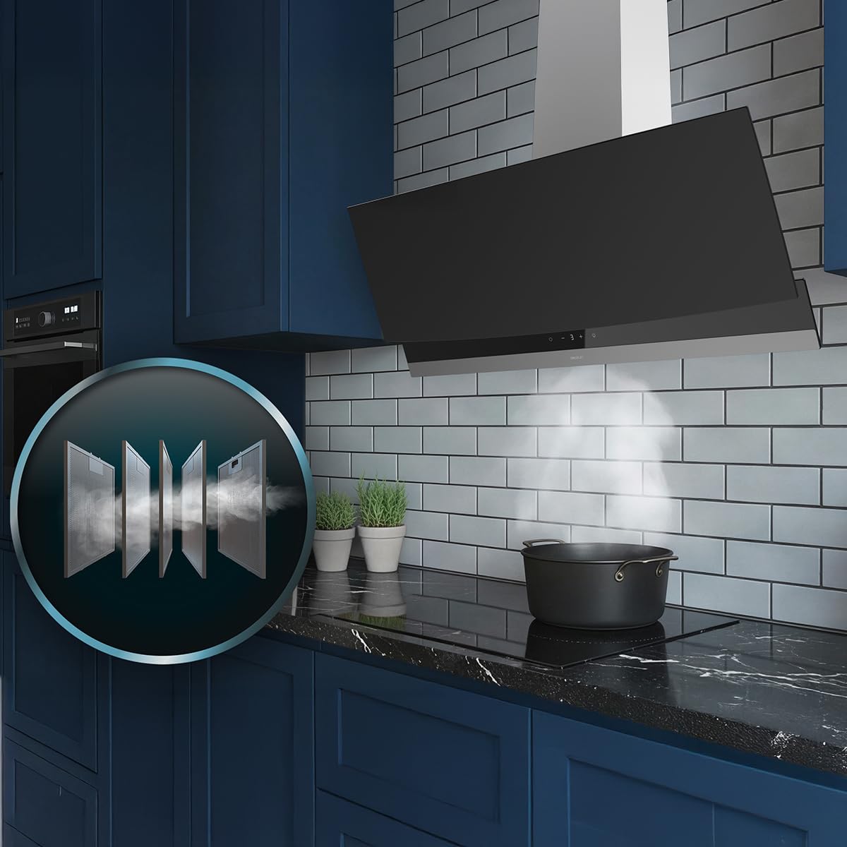 Cecotec Cappa Aspirante 90cm Decorativa Bolero Flux DT 904400 Matt Black A+++. Aspirazione 416,5m³/h, 3 Velocità, Basso Consumo, Motore DC, Controllo del Movimento e Touch, Vetro Opaco, Corpo Inox