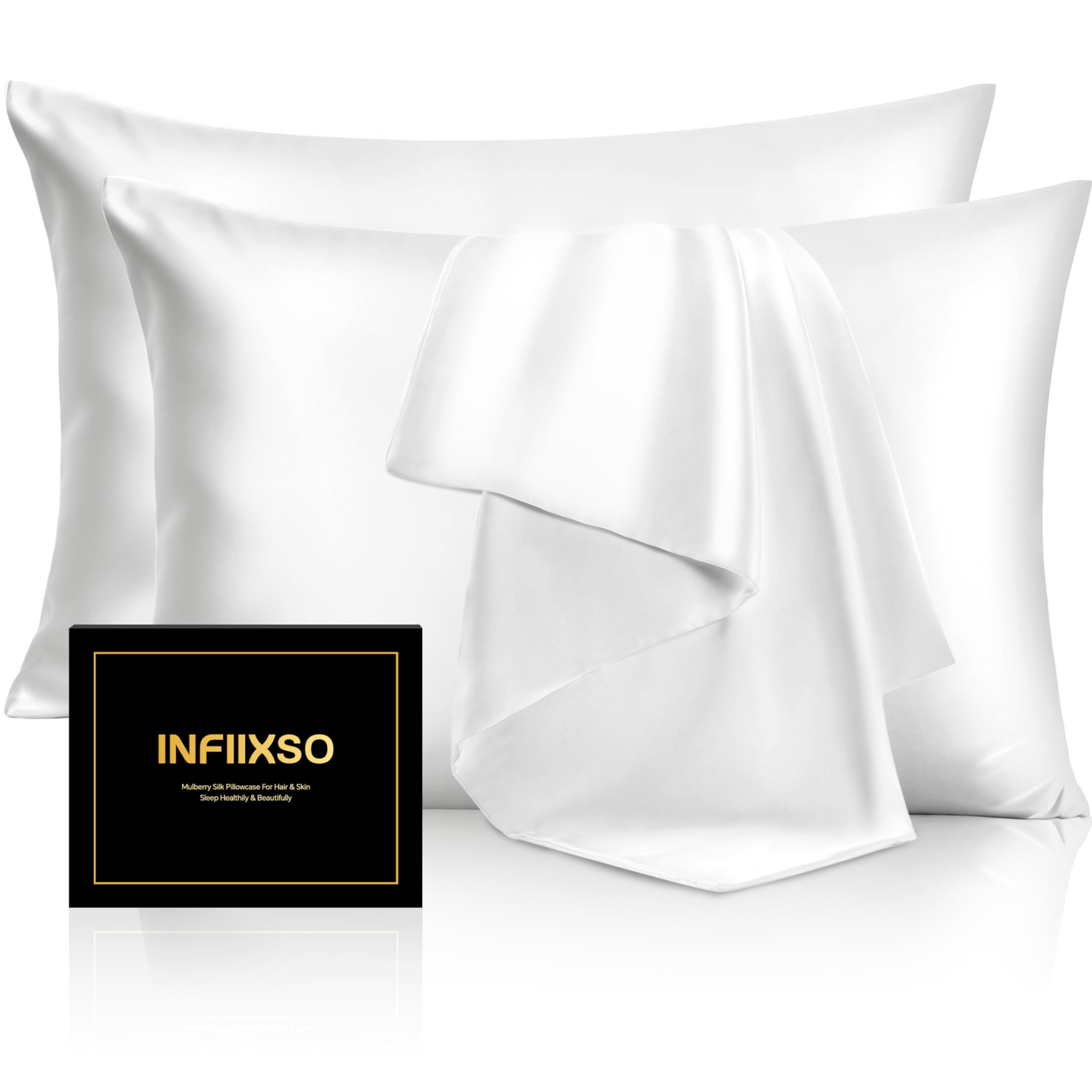 INFIIXSO Silk Pillow Cases 2 Pack Standard Size, Ultra Smooth & Soft Mulberry Silk Pillow Case for Hair and Skin, Breathable Cooling Silk Pillowcase with Hidden Zipper (White, 20x26 Inches)
