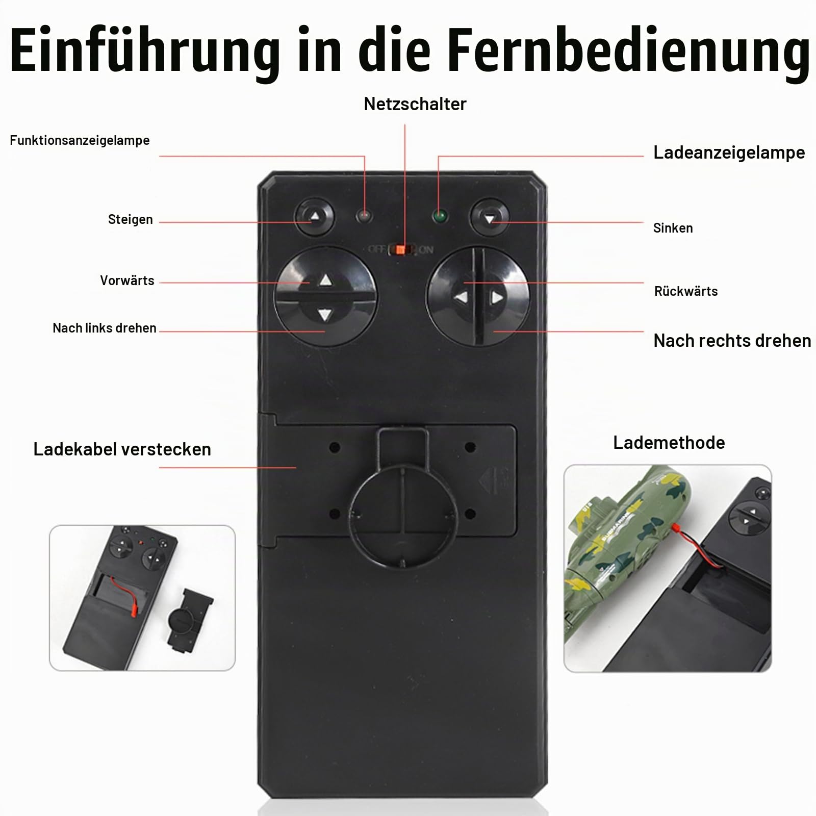 Mini Ferngesteuerte U-Boot Spielzeug, 6 Kanal RC Boote mit LED Leuchten | 2.4GHZ Fernbedienung Tauchboot Modell, Elektrisches Unterwasserschiff Geburtstagsgeschenk für Kinder ab 6 Jahren (Grün)