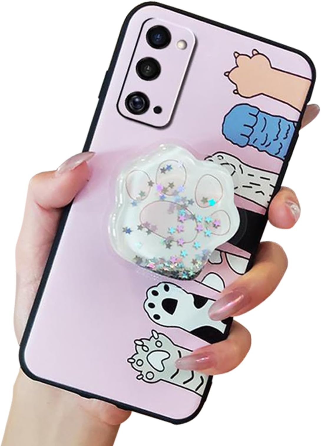 Cute Cartoon Case Compatible with Samsung Galaxy S25 Plus Cases Slim Silicone Fit Protective Phone Cover with 3D Liquid Glitter Clear Kickstand Shockproof Bumper Cover Shell(Cat's paw)