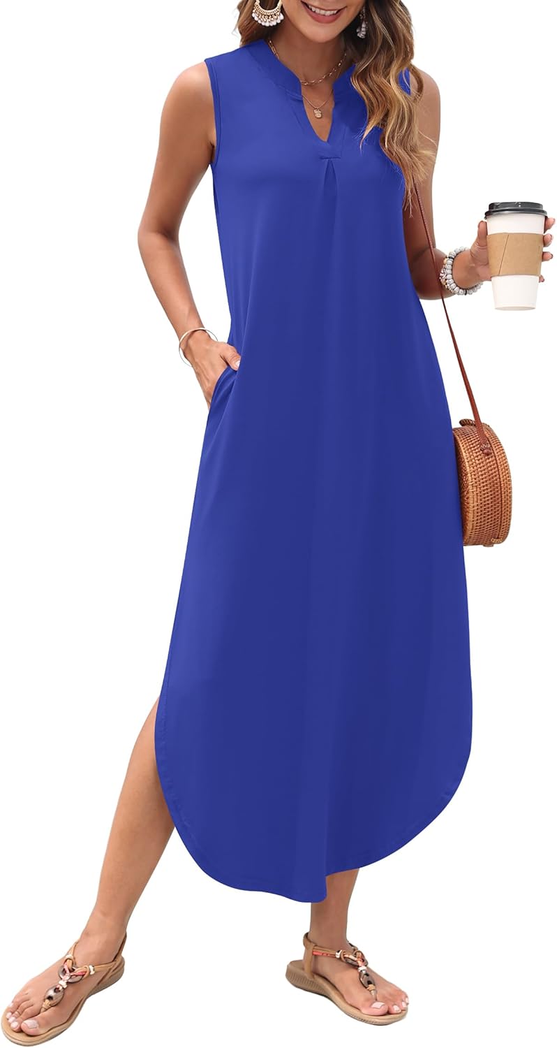 AUSELILY Womens Summer Casual Maxi Dresses 2026 Sleeveless Long Beach Dresses V Neck Loose Sundresses with Side Split Pockets