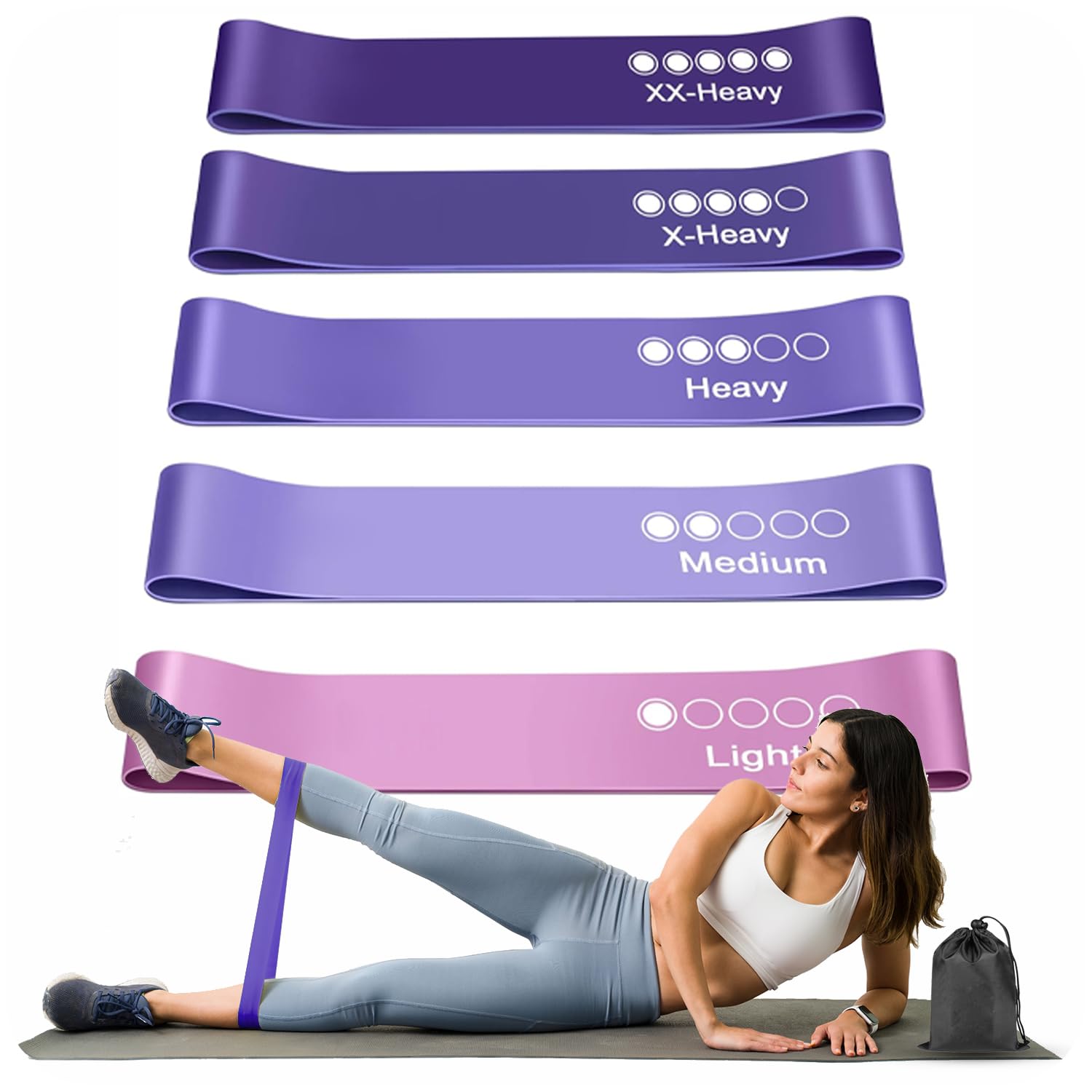 Active 100 Resistance Bands, Set of 5 Different Levels, Exercise Band for Home Gym, Training and Yoga with Carrying Bag (Royal-Purple)