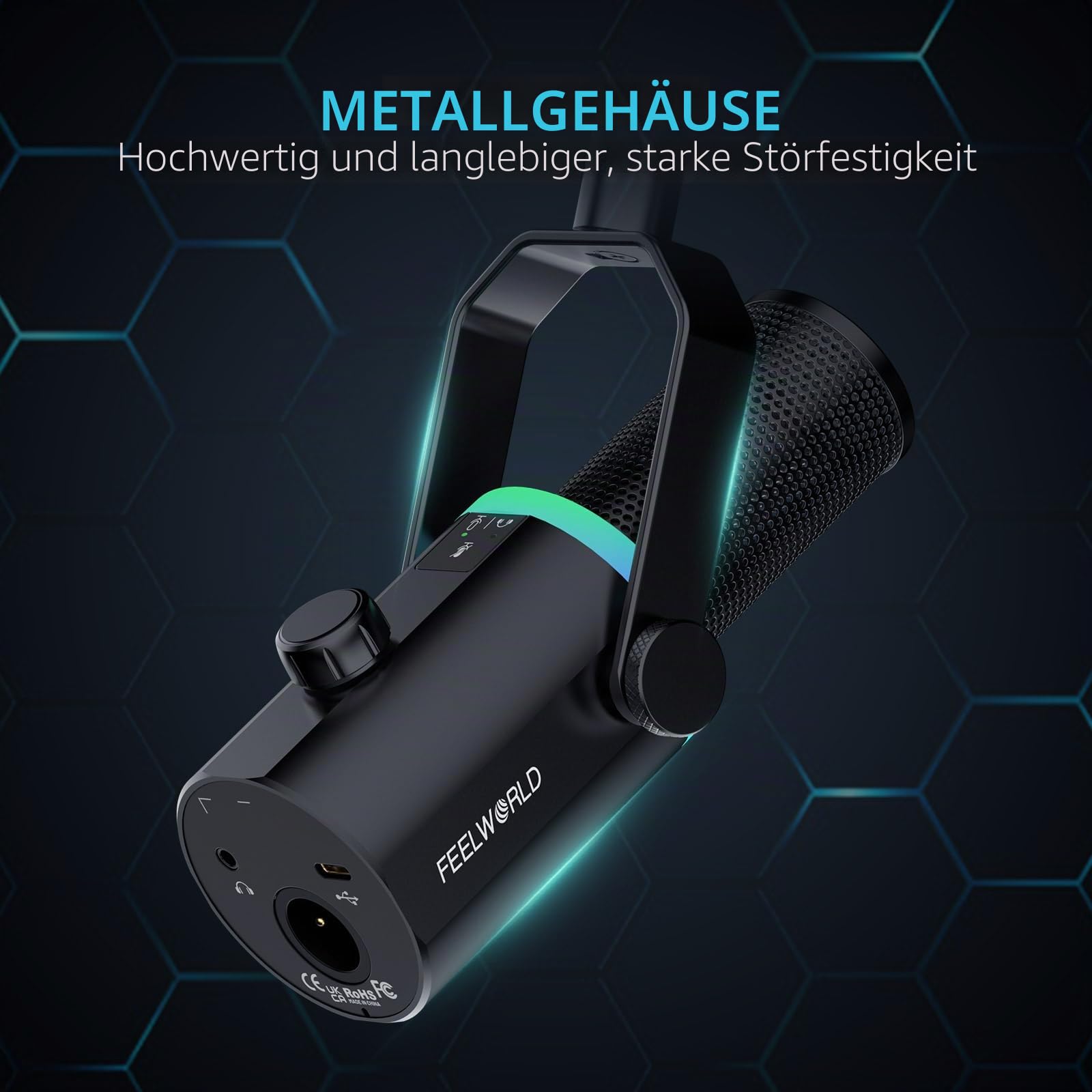 FEELWORLD PM1 XLR USB Dynamisches Mikrofon mit Boom Arm Stand für Podcast Aufnahme PC Computer Gaming Live Streaming Vocal Voice-Over, Studio Metall Mikrofon, RGB Licht, Mute Taste, Kopfhöreranschluss
