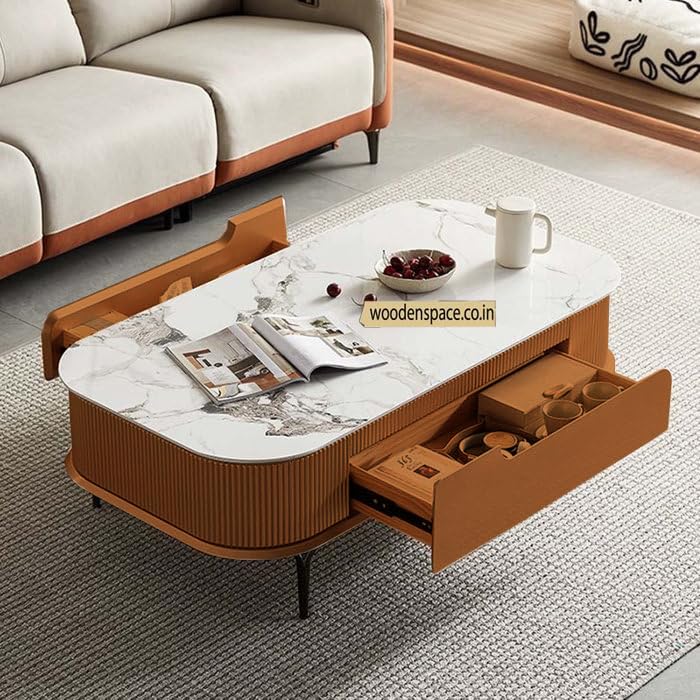 Image of WOODEN SPACE Premium Solo Marble-Top Wooden Center Table for Living Room | Iron Legs | PVD Coating | Modern Entryway Furniture | Coffee Table - 42X24X18 in (Orange)