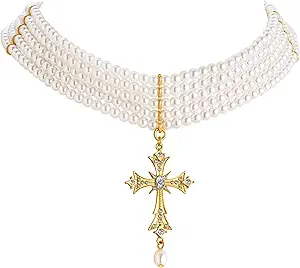WOWORAMA Gothic Pearl Cross Necklace for Women Layered Pearl Strand Necklaces Vintage Punk Goth Cross Pearls Choker Necklaces Halloween Christmas Gothic Jewelry