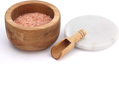 Miniatura 2 de Recipiente grande de madera de acacia para condimentos, condimentos y cuchara, caja de almacenamiento de sal y cuchara, tapa de mármol blanco