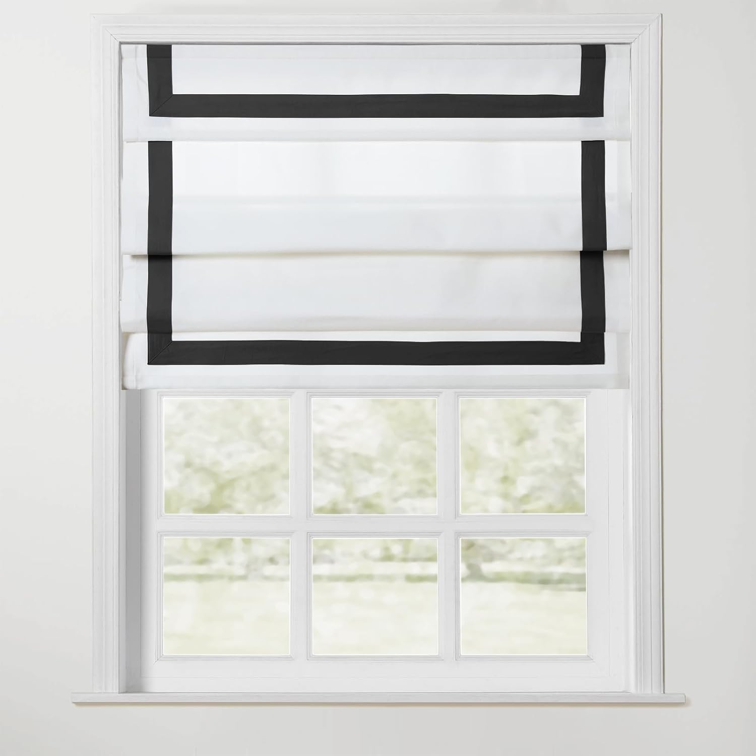 TWOPAGES Cordless White Roman Shades with Valance, Black Ribbon Border Roman Blinds for Windows, Custom Made Light Filtering Blinds Washable Fabric Shades for French Door, 1 Piece