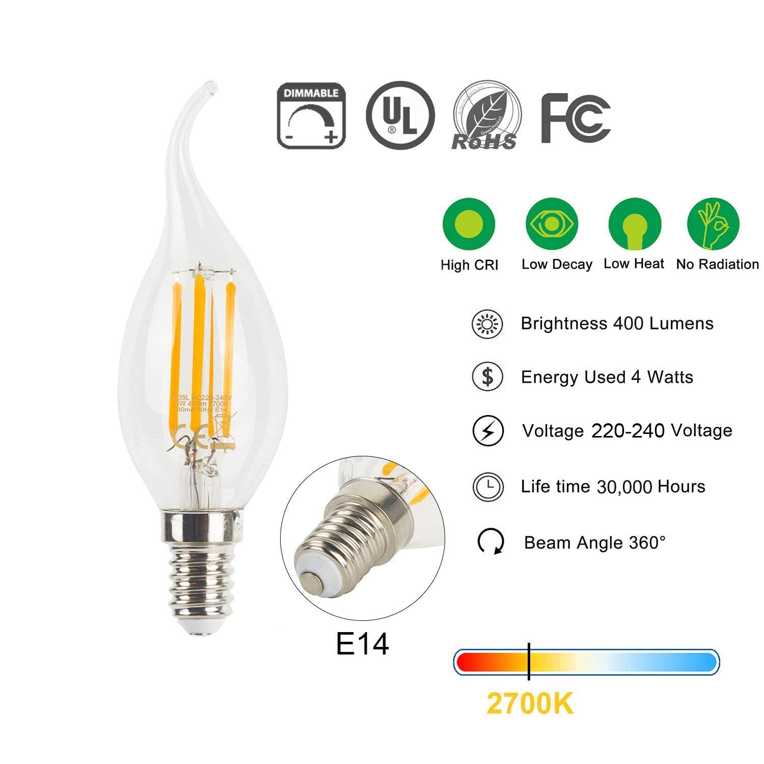YSJX lighting, Paquete de 50 bombillas de filamento Led AC220V C35L 4W E14 bombillas de vela LED blanco cálido 2700K lámpara Led Vintage Bombillas para el hogar