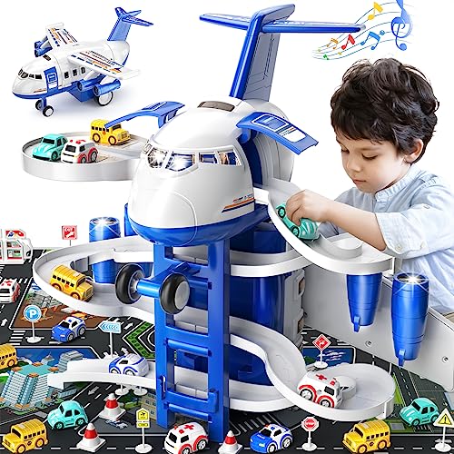 TEMI Kids Airplane Toys Race Track Car Toys for 3 4 5 6 7 Boys - Transport Plane Adventure Car Toys for Toddler Age 2-6 with 8 City Cars, Garage Parking Lot Playmat, Birthday Gift for Girls