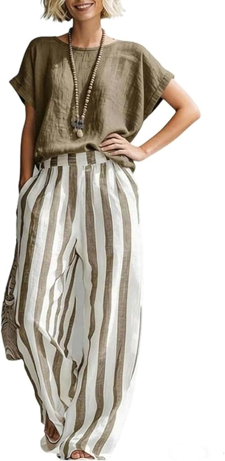 Cozy Loose-fit Striped Cotton-linen Two-piece Set, Casual Shirt & Classic Striped Wide Leg Pants Outfit