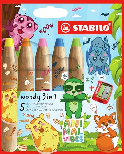STABILO - Buntstift Wasserfarbe & Wachsmalkreide - woody 3 in 1 Animal Vibes - 5er Pack mit Spitzer