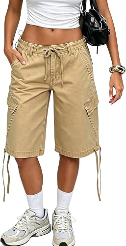 Erenella Women's Baggy Denim Cargo Shorts Knee Length Elastic Waist Drawstring M