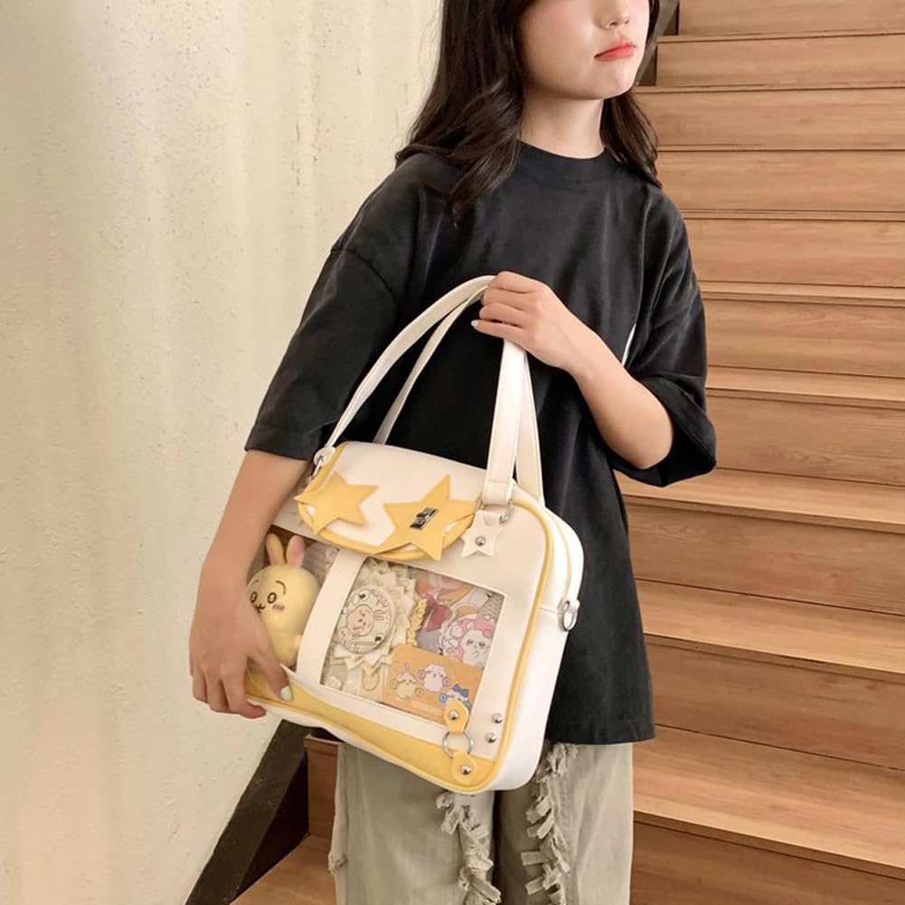 Transparente Damen-Umhängetasche, großes Fassungsvermögen, Handtasche aus PU-Leder, Kawaii-Stern-Design, Itabag für Reisen und Shopping