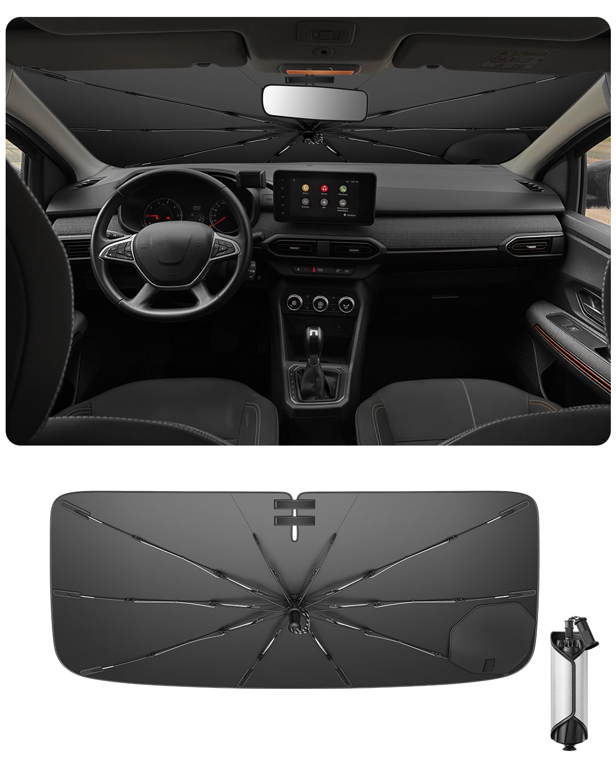 Ruiya 2026 Upgrade Parasol Coche Delantero Compatible con Dacia Sandero 3 | Sandero Stepway III | Jogger 2021-2026, Paraguas Plegable Aislamiento Térmico, Protección UV, Accesorios para Parabrisas