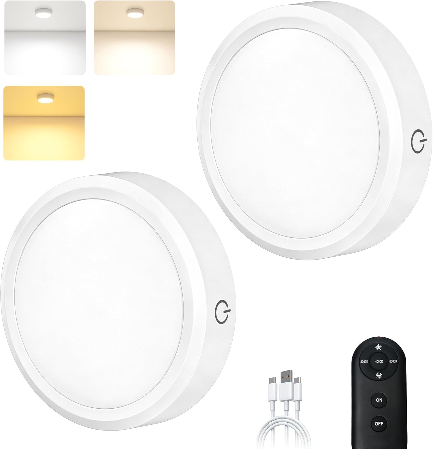 Puck Lights with Remote Control Rechargeable, Full-Screen Wireless LED Under Cabinet Lighting with Light Guide Plate,3 Color Dimmable Stick On Tap Lights for Kitchen,Counter,Closet,Shelf, 2PCS,White