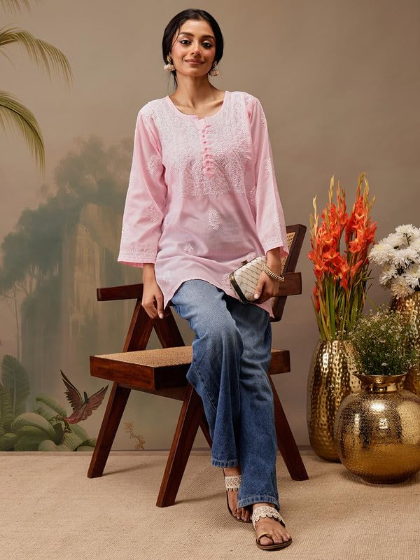 Image of Ada Hand Embroidered Lucknowi Chikankari Cotton Top for Women A911459