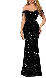 dasmzper Women's Off-Shoulder Sequin Evening Gown with Tassel Sleeves - Formal Maxi Dress for Wedding Prom Gala
