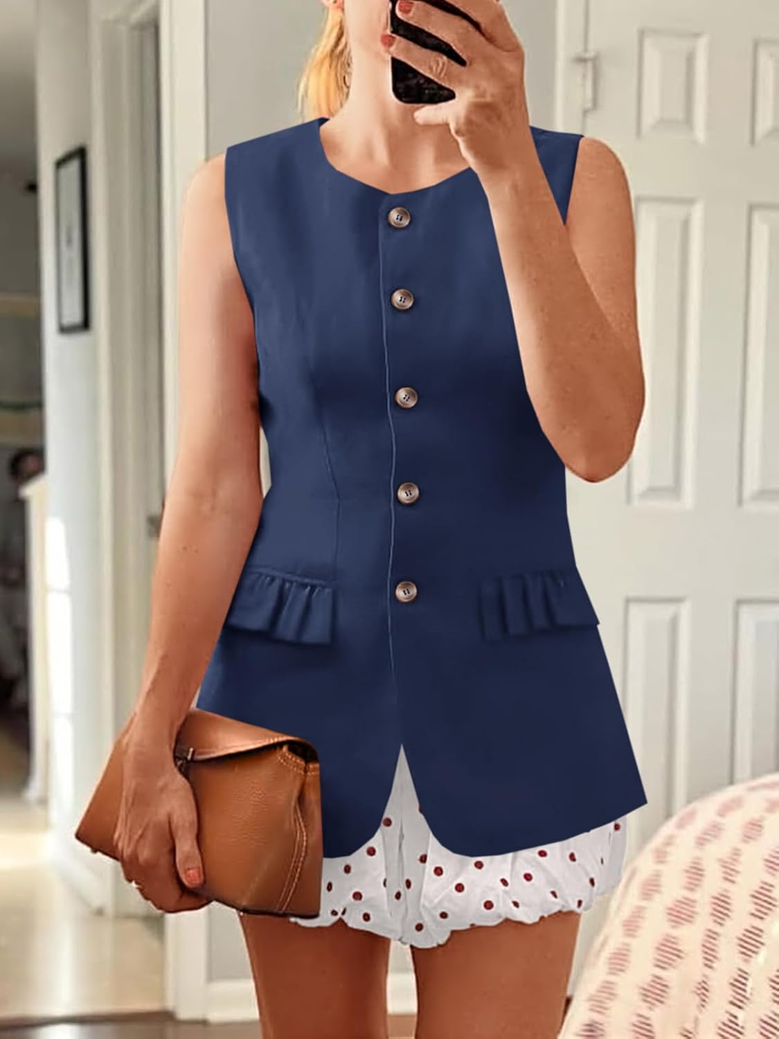 Cicy Bell Womens Blazer Vest Tops Crew Neck Ruffle Flap Pockets Sleeveless Suit Vests Summer Business Casual Outfits - Image 2