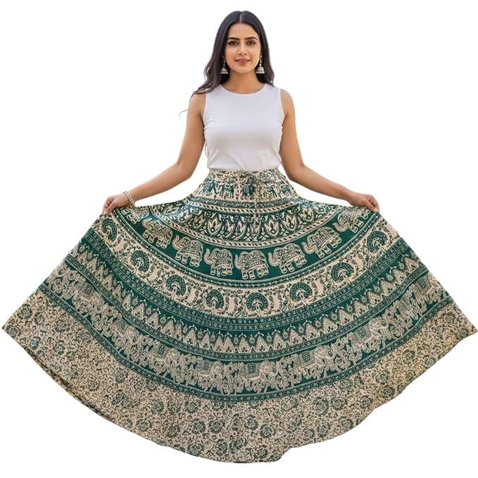 Image of HARSHITA-Enterprises Jaipuri Women's Cotton Printed Elastic Long Skirts