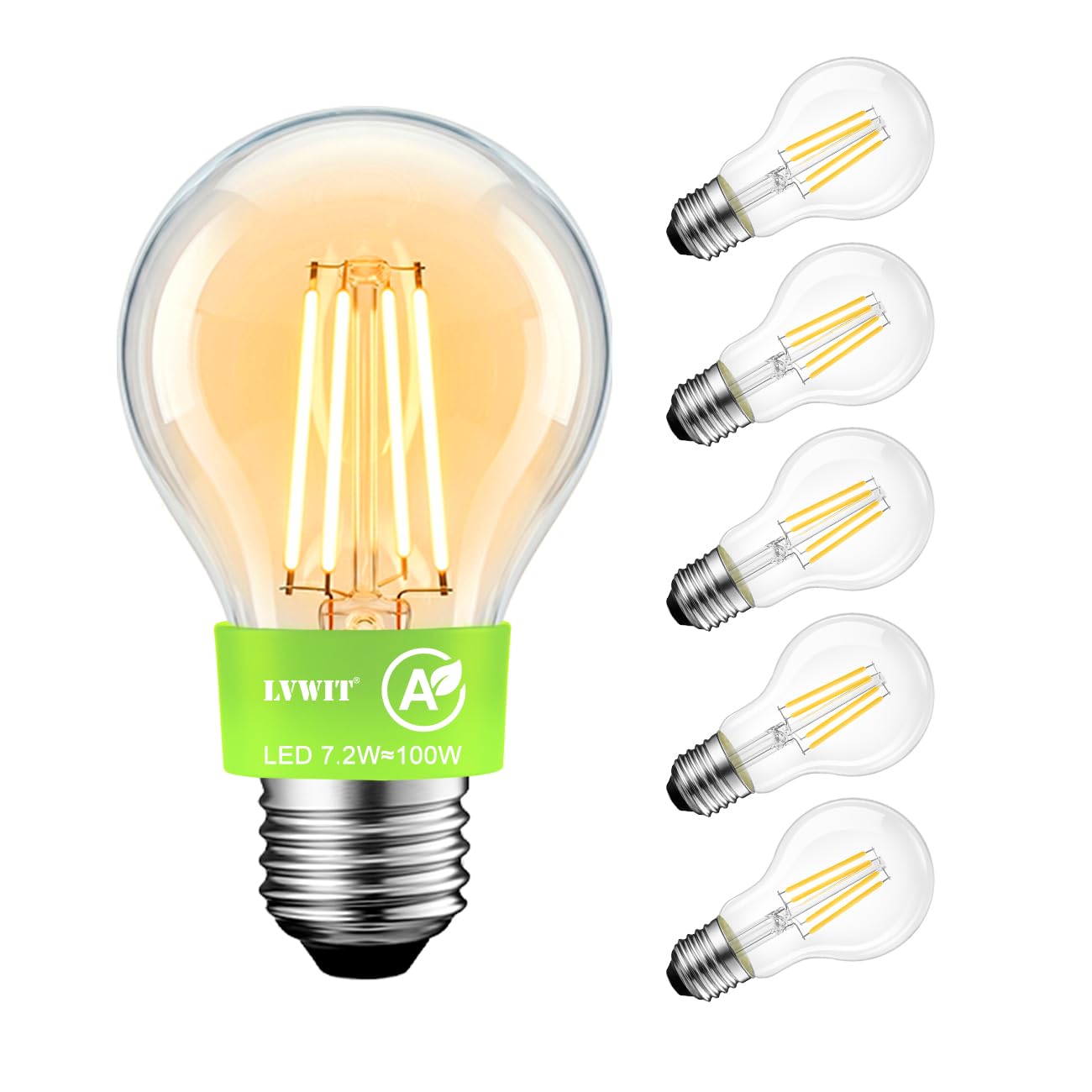LVWIT E27 LED Bulb 5W (75W Equivalent), Pack of 6, 1055LM Warm White 2700K, Clear Filament Vintage Glass, Non-Dimmable, Ultra-Efficient A-Rated, 50000H Lifespan