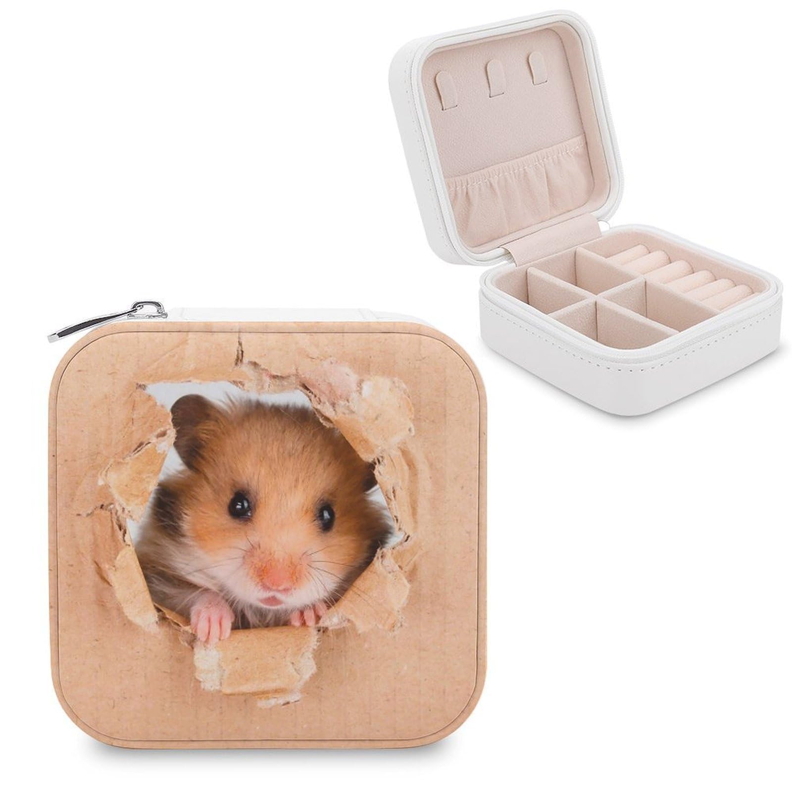Boîte à bijoux en cuir synthétique Funny Hamster avec finitions soignées et flanelle douce