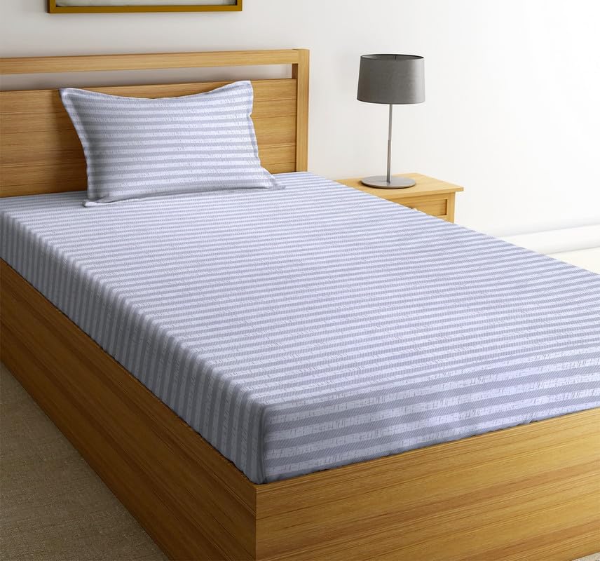 Image of NHD HOME Premium Glace Cotton 180 TC Flat Single Bedsheets Breathable | Wrinklefree (Size-60 X 90 Inch) with 1 King Size Pillow Covers (Size-17 X 27 Inches, White &Grey Striped)