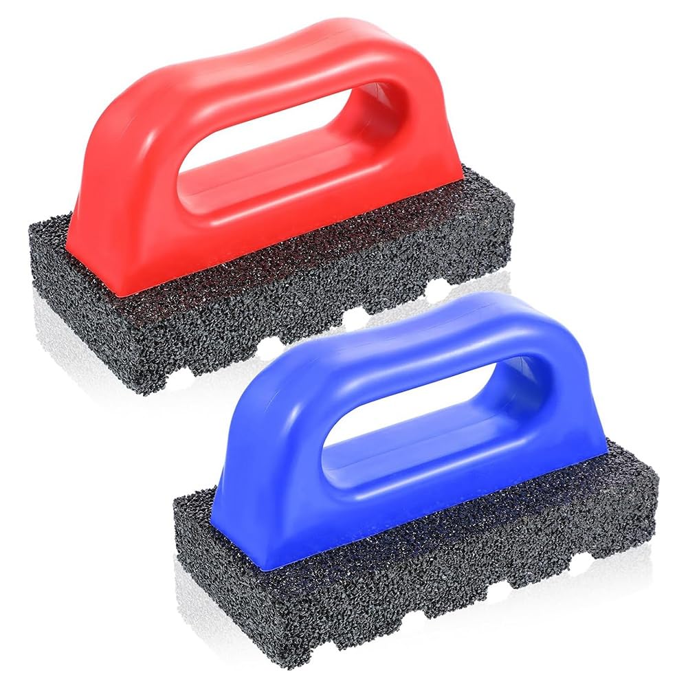 UDSKNV[KSL Rub Bricks(2-Pack) with Handles for Concrete Smoothing, 20 Grit Masonry Tools in Red and Blue