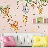 Vista 7 de Amaonm - Calcomanía de pared removible de koala, león, mono, plantas trepadoras, vides, animales que juegan con hojas verdes, murales, decoración