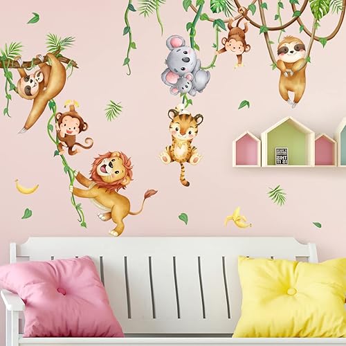 Miniatura 7 de Amaonm - Calcomanía de pared removible de koala, león, mono, plantas trepadoras, vides, animales que juegan con hojas verdes, murales, decoración