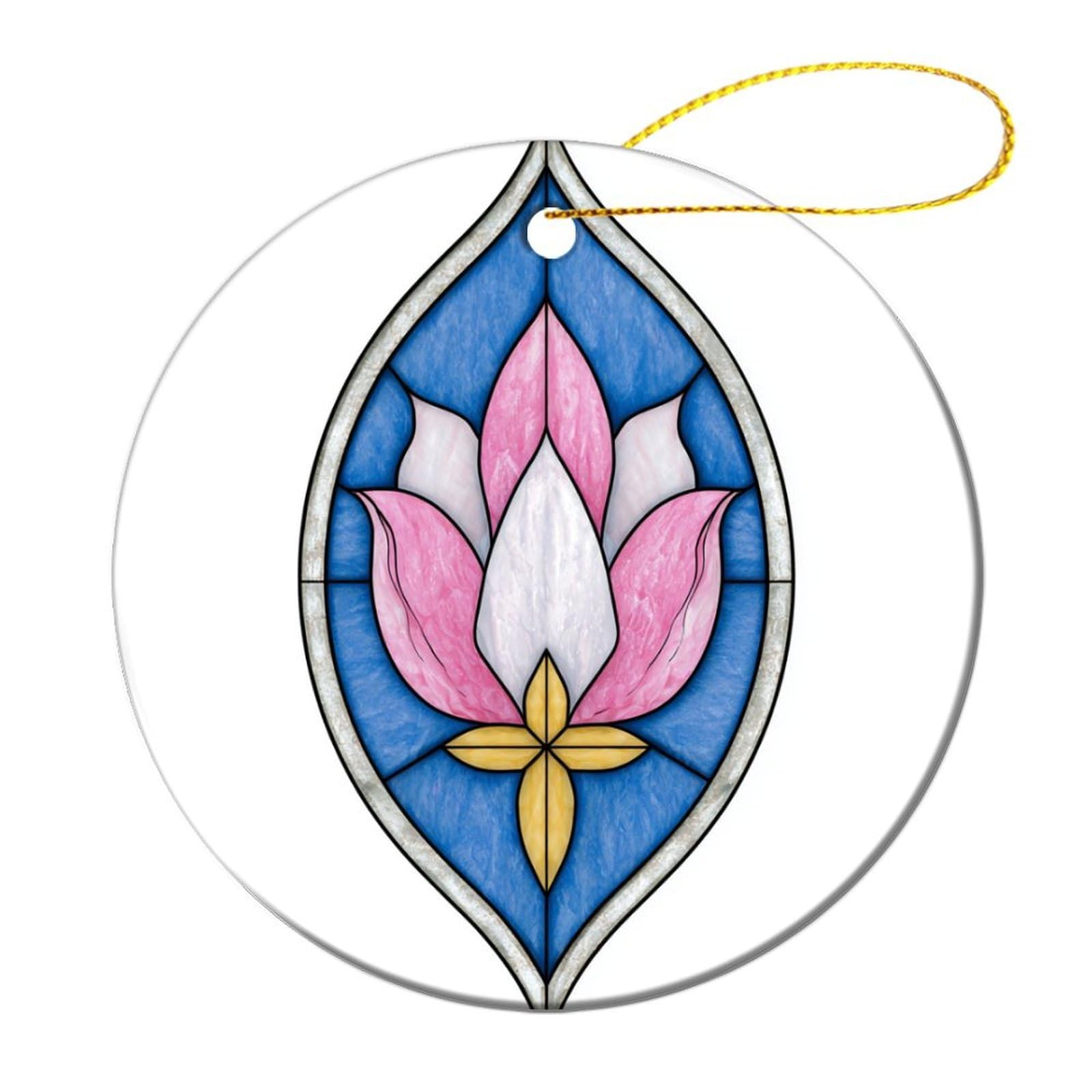 Stained Glass Stylized Pink And White Flower Christmas Tree Hanging Ornaments,2 Pieces, 7.2CM Round Double-Sided