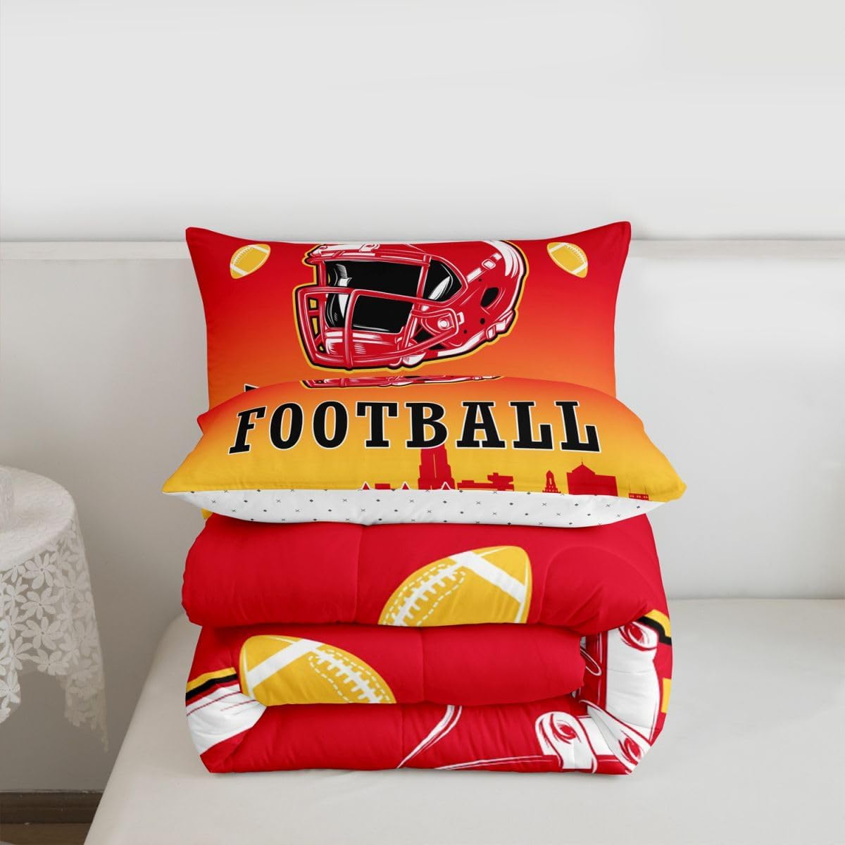 Erosebridal American Soccer Comforter Set Twin Boys Football Fans Bedding Set American Rugby Sports Theme Comforter for Kids Teen Adults,City Silhouette Ball Games Quilt Duvet,Red Yellow