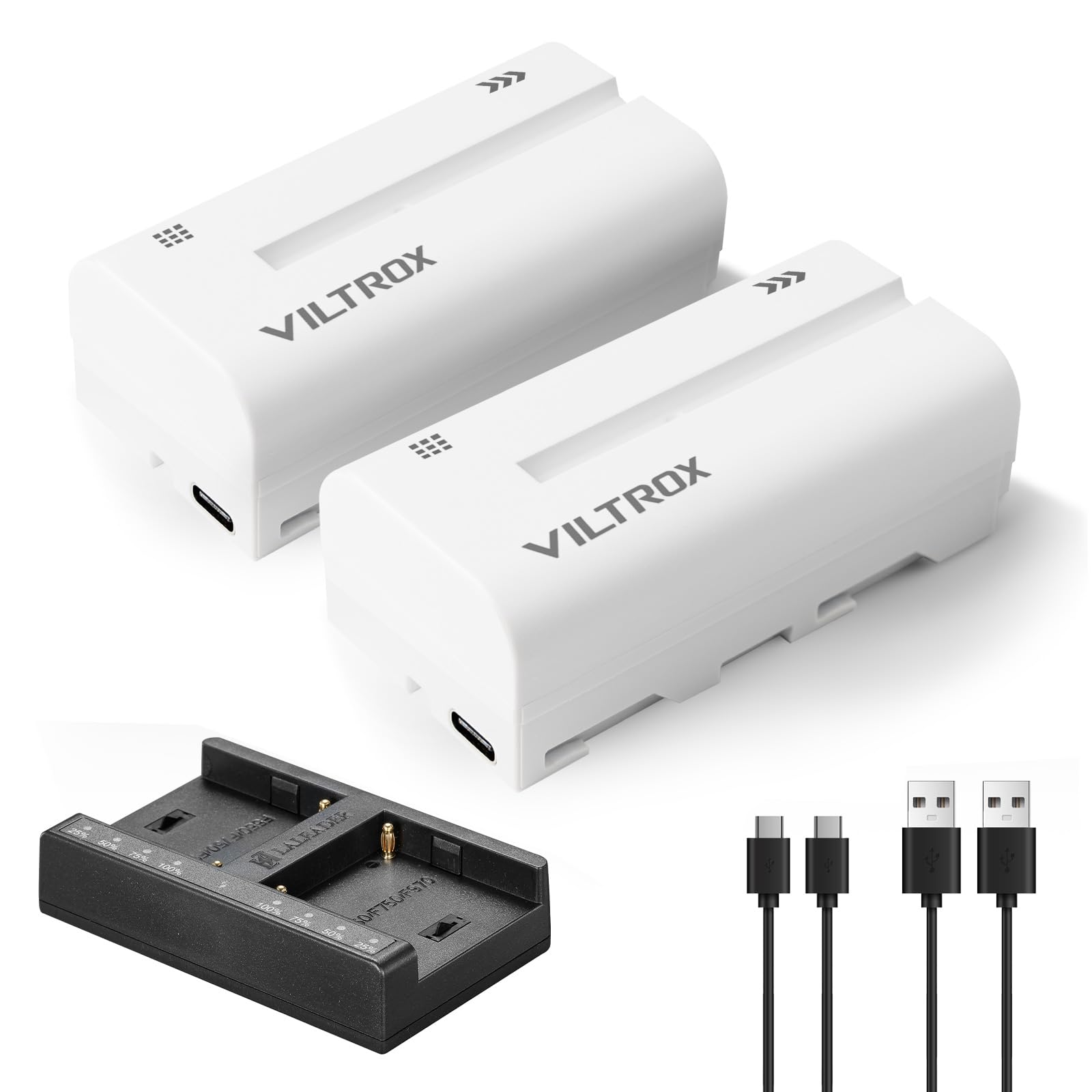 VILTROX NP-F550 Batterie de Rechange Remplacement 2 pièces Battery et Smart LED Double Chargeur USB-C pour Sony NP-F970 F960 F950 F770 F750 F570 F550 Compatible Godox Neewer caméscope/Moniteur/caméra