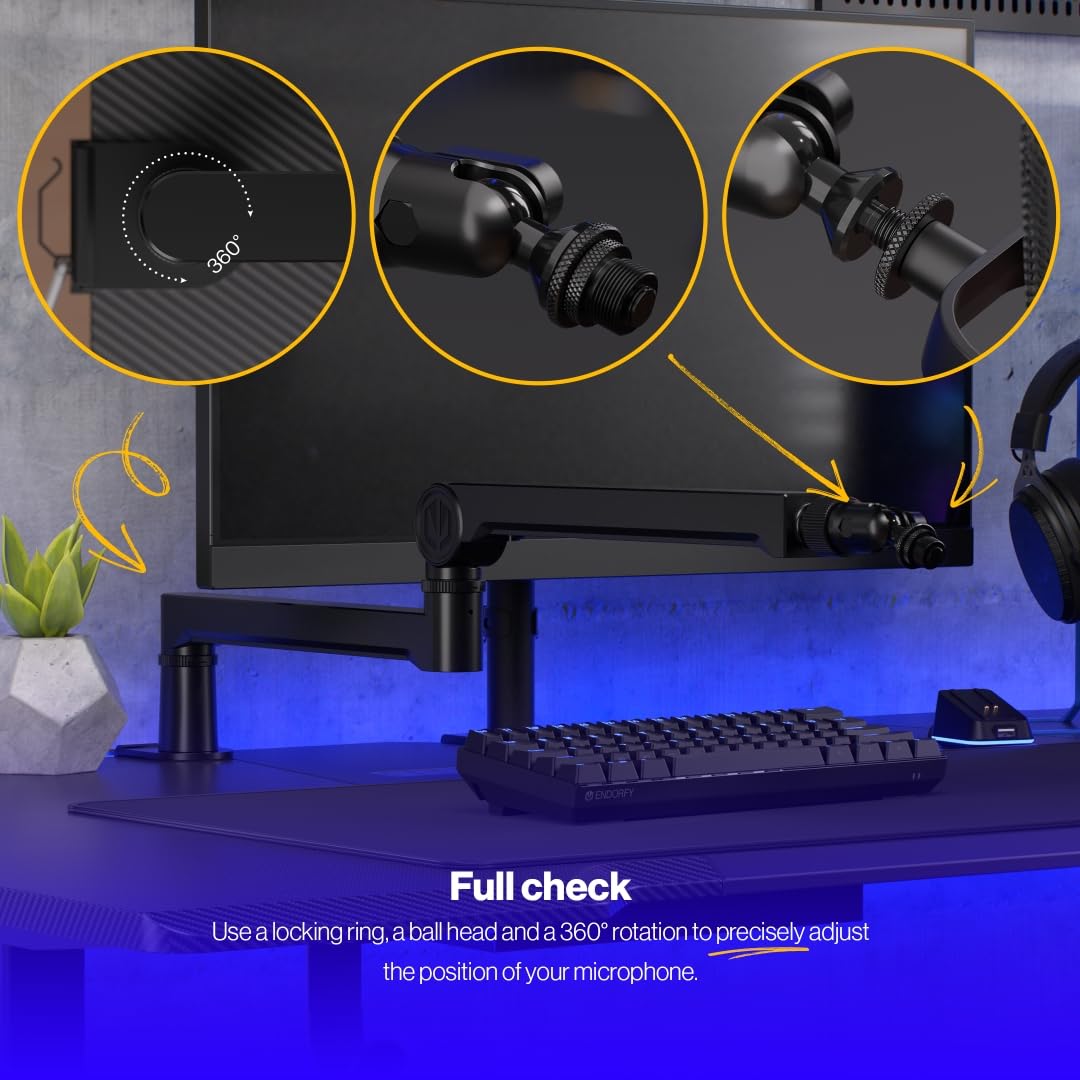 ENDORFY Broadcast Low Profile Boom Armor, micrófono premium de perfil bajo y brazo de luz con cable, giratorio 360 grados