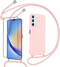 Pnakqil Case with Cord for Samsung Galaxy A34 5G with Tempered Glass Screen Protector, Silicone Case Lanyard Adjustable Strap Shockproof Scratch Resistant for Samsung A34 – Rose Gold