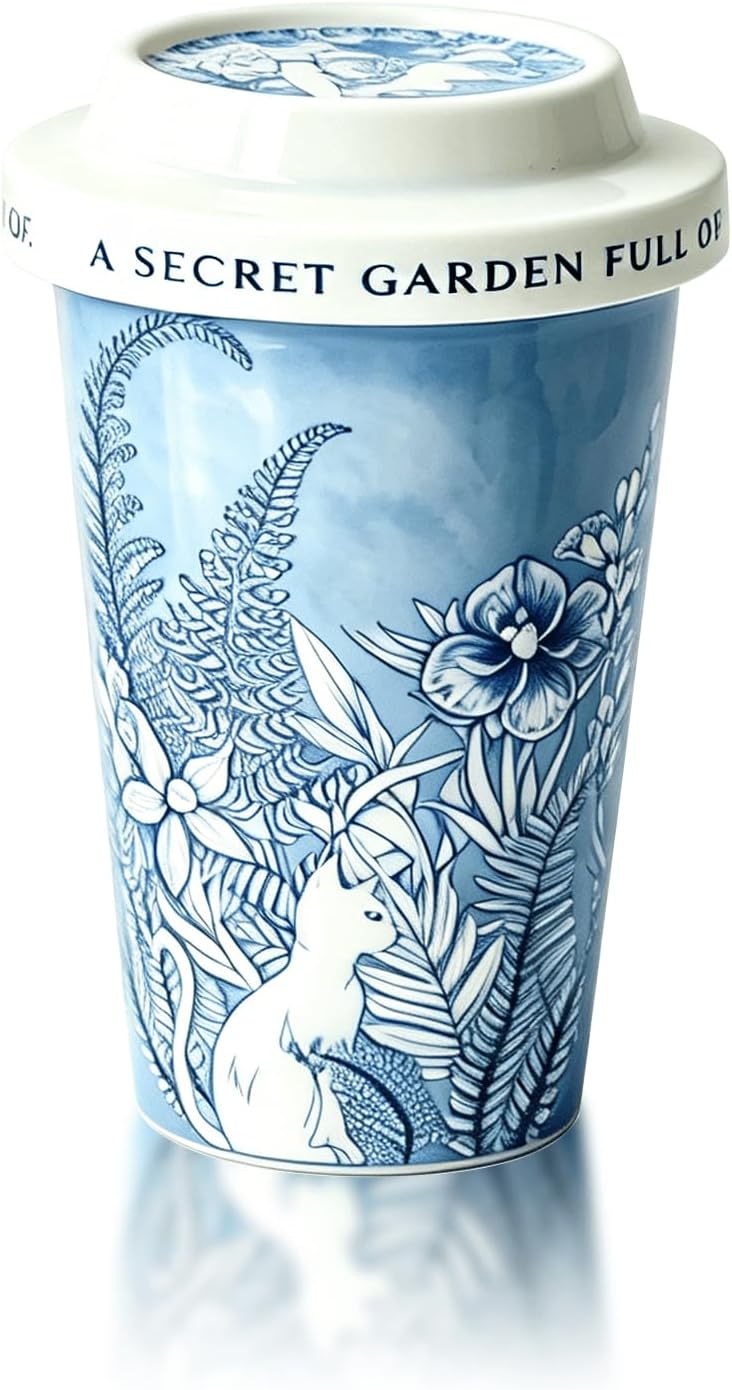 YQ&AMK 13.5 oz Blue Porcelain Coffee Mug with Ceramic Lid,Elegant Tea Cup with Versatile Lid (Doubles as Coaster), Microwave & Dishwasher Safe, Ideal for Home, Office(Blue and white porcelain - cat)