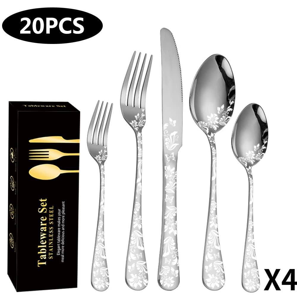 20-Piece Moderno Placcato Modello Cucina Argenteria Servizio Di Stoviglie Per 4 Persone, 18/10 In Acciaio Inox Set Di Posate, Bistecca Coltello Forchetta Cucchiaio Regalo Box Set Di Posate (Argento)