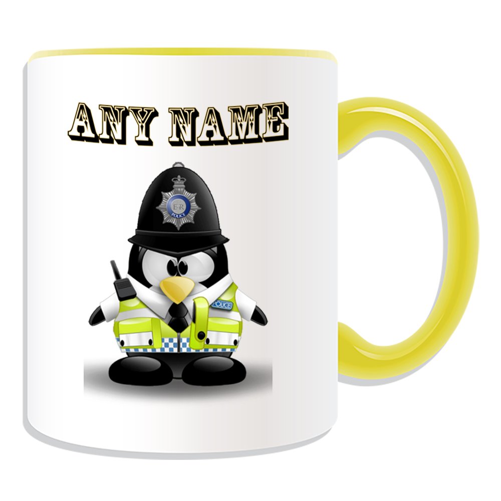 Unigift Yellow Personalised Gift - British Police Constable Mug (Penguin In Costume Design Theme, Colour Options) - Any Name / Message On Your Unique - Uk Policeman Pc Sergeant Inspector Traffic Officer Pc Sgt Insp Cid Helmet