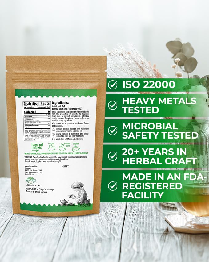 Image of 50 Bags Yarrow Herb Dried Yarrow Leaf & Flower Herbal Tea (Achillea Millefolium Tea) - 50 Count 1.5g Bags Herb Tea Milenrama Hojas