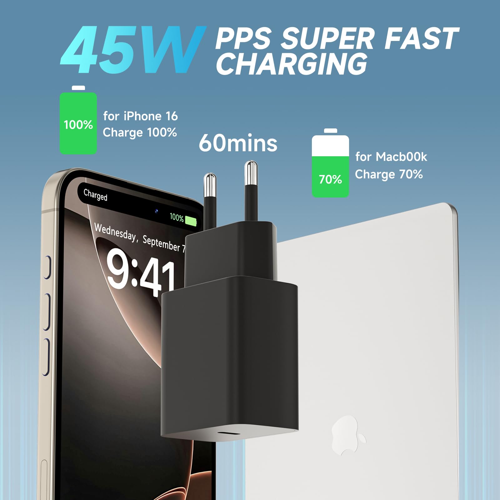 Caricabatterie da 45W per Samsang S24 Ultra, caricatore rapido USB C con 2m 100W cavo intrecciato compatibile con Samsang Galaxy S25/S24/S23/S22/S21 Ultra, per iPhone 15/16, Pad, MacB00k (nero)