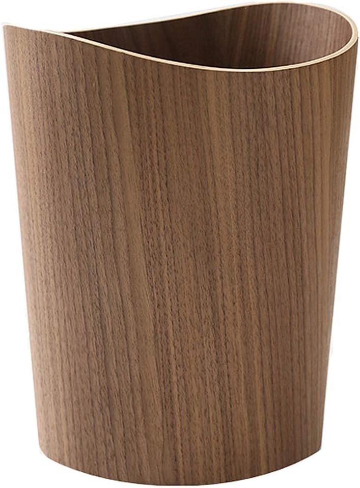 2.3 Gallons Wood Trash Can Wastebasket for Home or Office, Japanese-style natural wood Round Wastebasket, Lightweight, Sturdy for Under Desk, Kitchen, Bedroom, Den, Hotel, or Kids Room (Dark Wood-B)