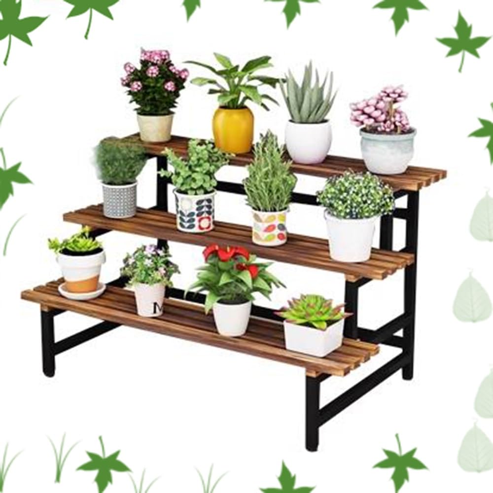 Drewniany 3-poziomowy uchwyt na doniczki z metalowym stojakiem, organizer na rośliny, do ogrodu, werandy, patio, balkonu, ekspozycji, wiele roślin z białą ramą, 80 cm