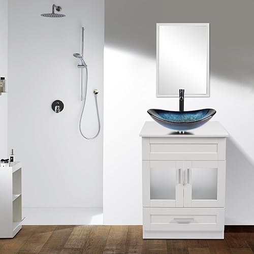 Miniatura 6 de Puluomis Moderno mueble de baño Combol de 24 pulgadas con grifo de ahorro de agua de 1.5 GPM y drenaje desplegable y espejo de latón macizo