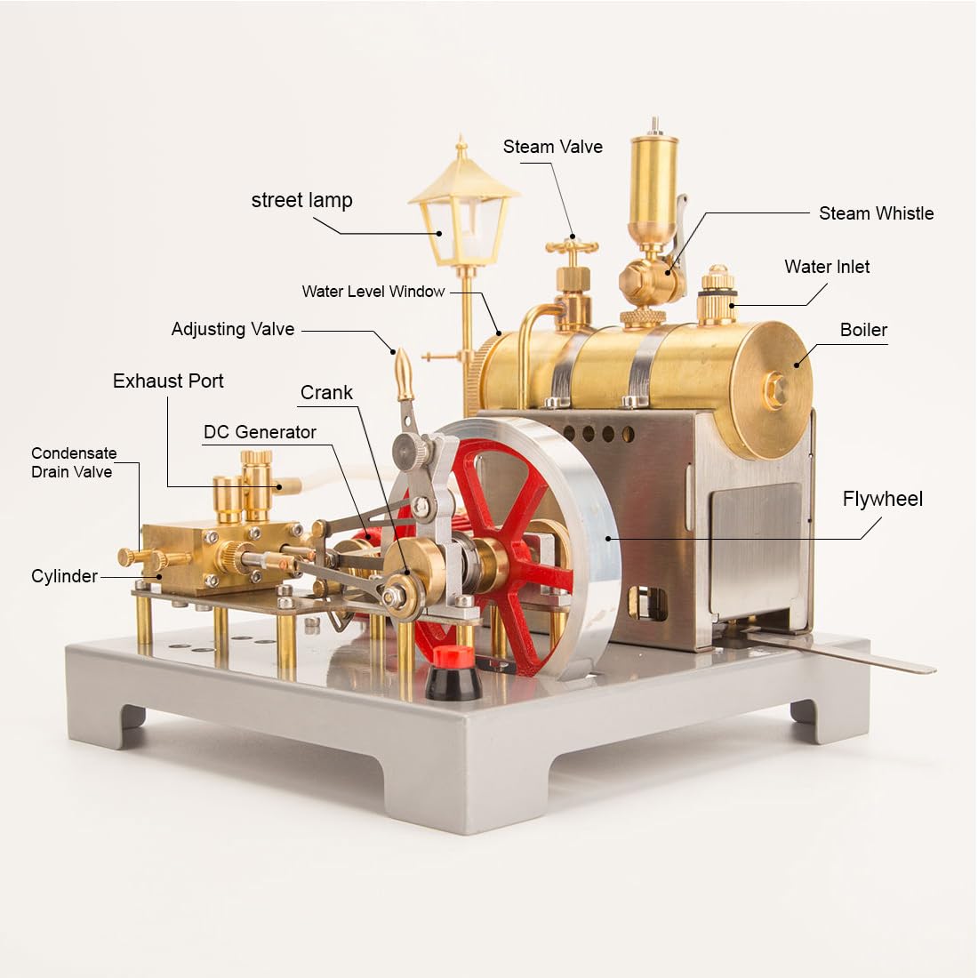 Retrol SE-02 Metall-Modellbausatz Für Eine Umkehrbare Horizontale Stationäre Dampfmaschine Und Einen Kessel Mit Generator Und Straßenlaterne (100 Teile)