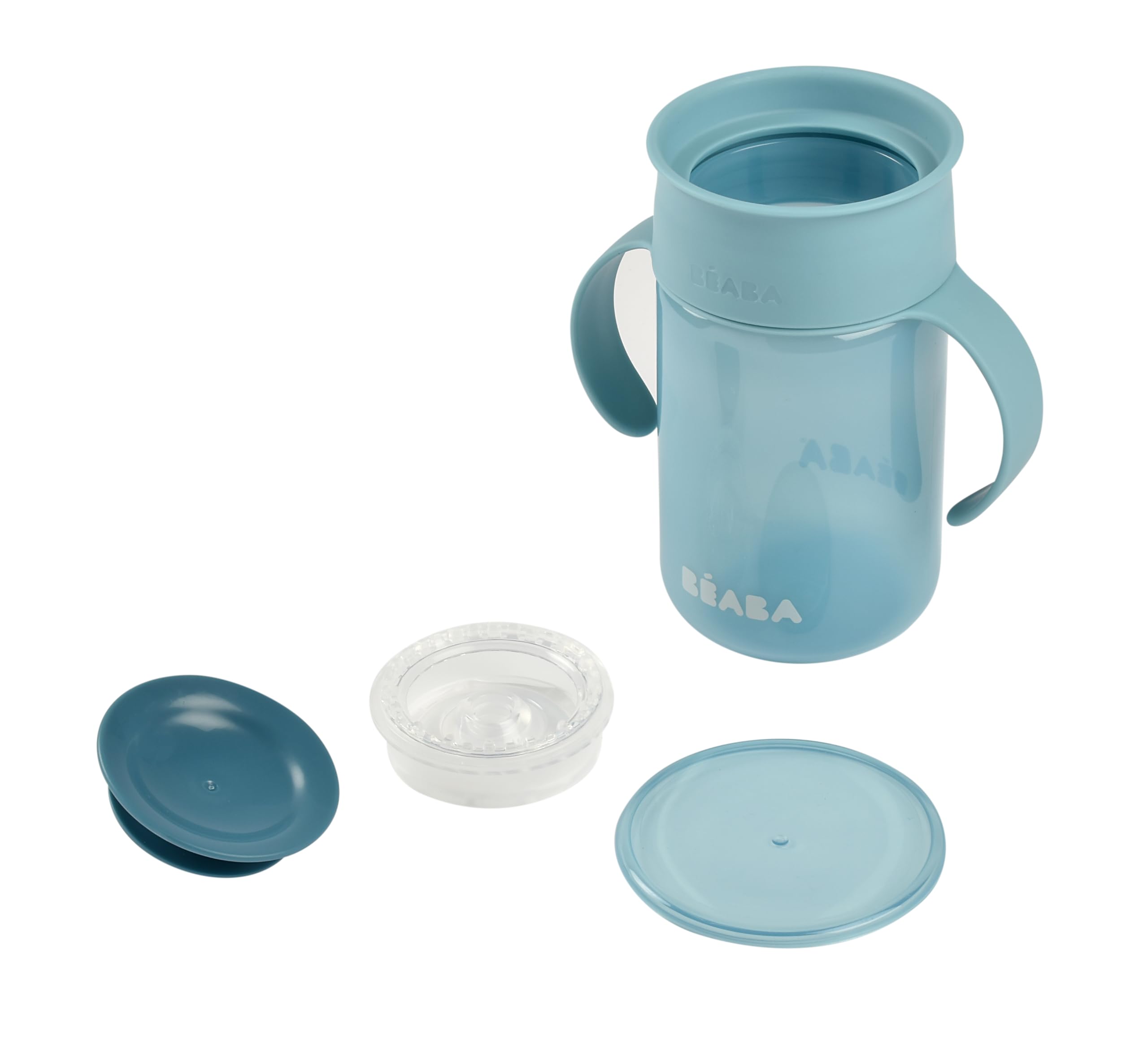 Béaba, Tazza di apprendimento 360° con disco antigoccia, sistema brevettato anti-fuga, da 12 Mesi, manici rimovibili, con coperchio igienico, solido e leggero, 340 ml, blu
